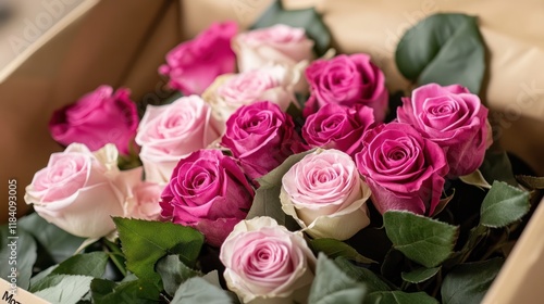 Pink roses bouquet delivery box, indoor, closeup photo