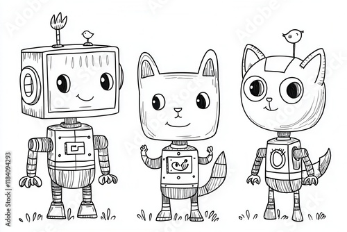 Three cute robot animals with creative designs standing together in a black-and-white illustration