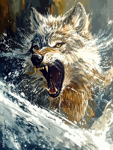 Aggressive wolf in splashing water with fierce look.