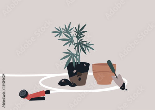 a young cannabis plant thrives in its pot, surrounded by gardening tools and soil, showcasing the passion for homegrown cultivation and nurturing techniques