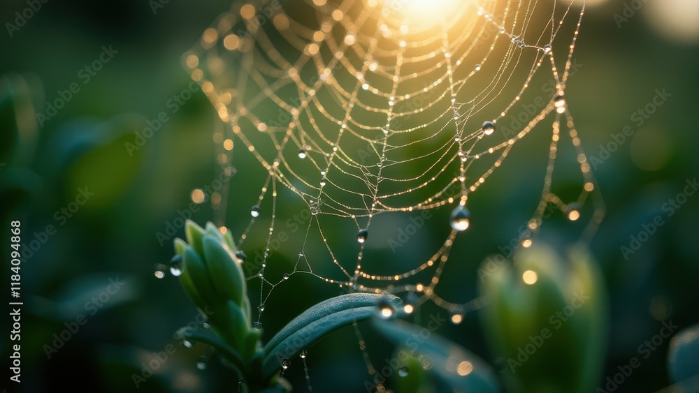 Naklejka premium Dewdrops on a Leaf Glimmering with Morning Sunlight in a Natural Setting