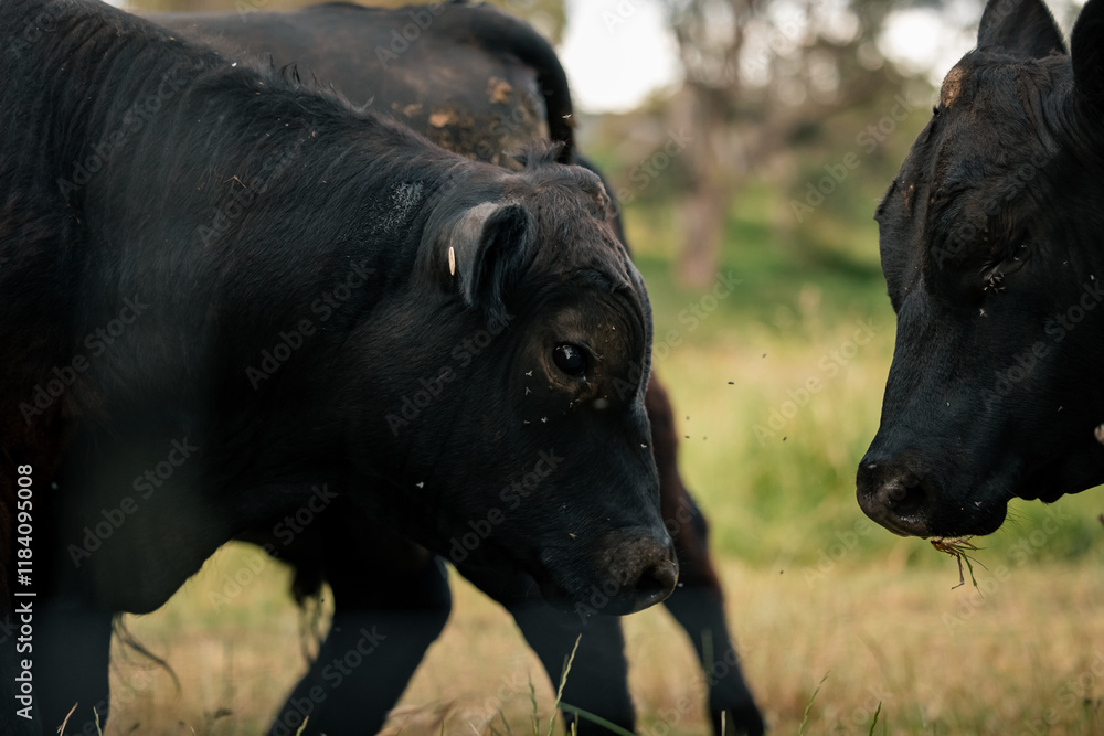 Two black cows grazing in a lush green pasture under natural lighting Two black cows grazing in a lush green pasture under natural lighting