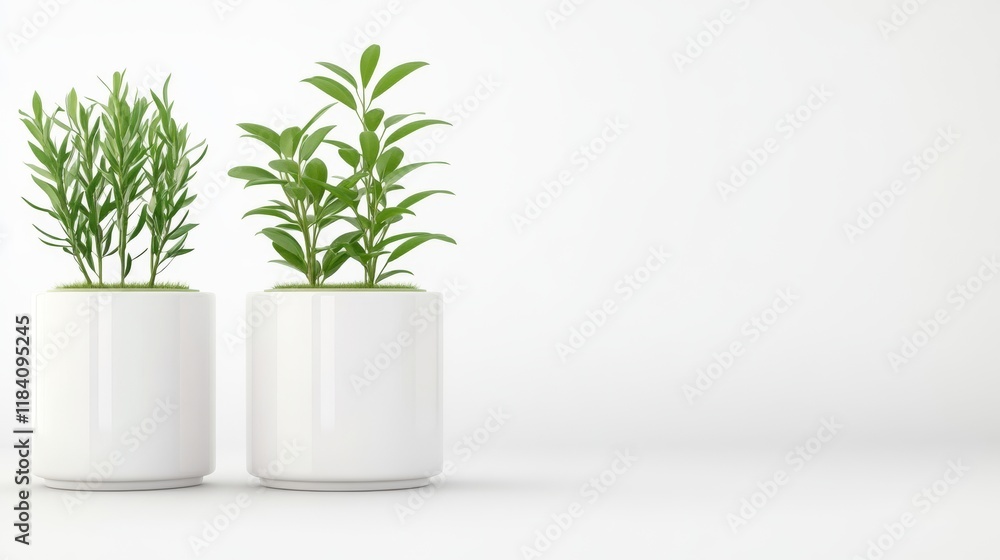 Two potted plants, possibly basil and bay laurel, on a white background with space for text, ideal for Lunar New Year decoration concepts and copy space. Two potted plants, possibly basil and bay laurel, on a white background with space for text, ideal for Lunar New Year decoration concepts and copy space.