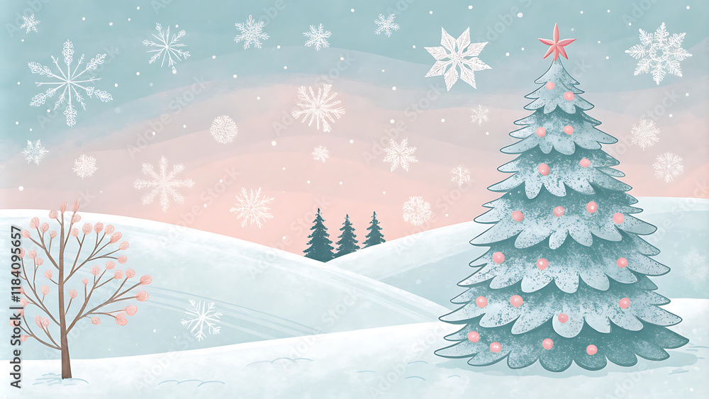 Obraz premium Pastel christmas scene with snowflakes and evergreen tree for holiday cards.