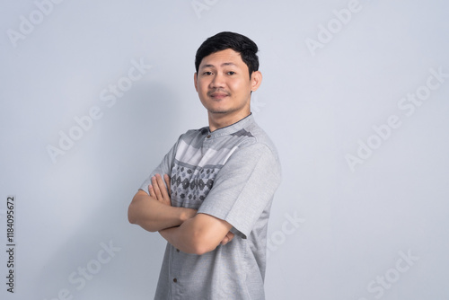 Muslim man with excited expression for Ramadan on isolated white background