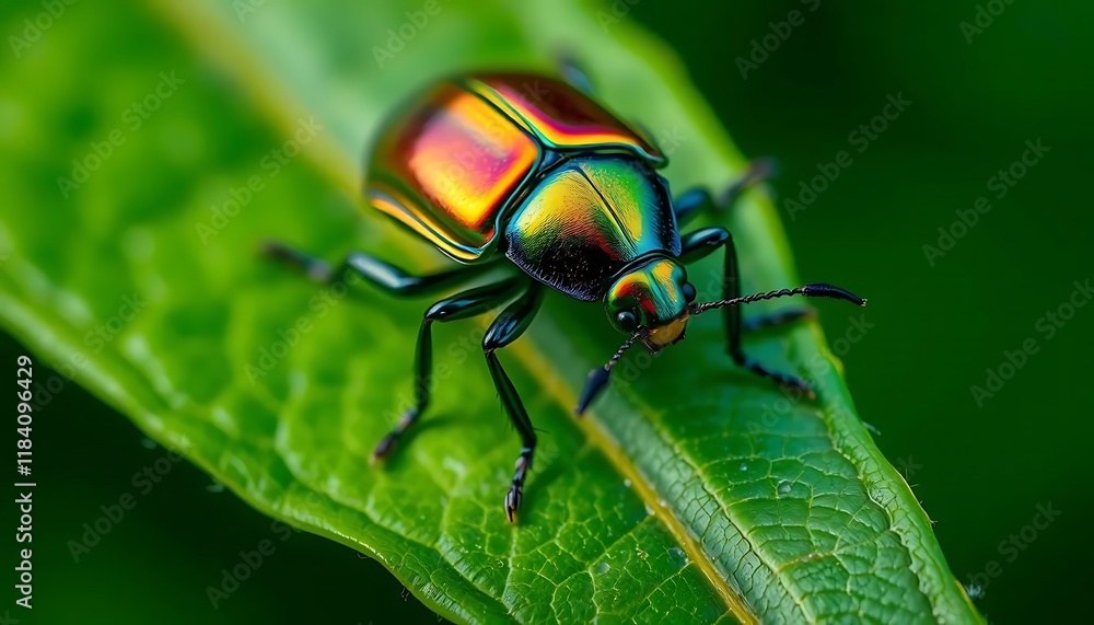 Fototapeta premium Iridescent Beetle on Green Leaf: A Macro Jewel-toned Study