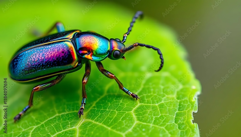 Vibrant Jewel Beetle on Green Leaf: A Close-Up Macro Vibrant Jewel Beetle on Green Leaf: A Close-Up Macro