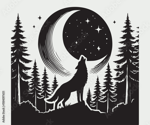 monochrome illustration of a serene forest night scene featuring a wolf howling at the crescent moon