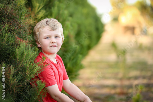 Little boy wearing red t shirt smiling in front of row of Christmas trees on farm photo