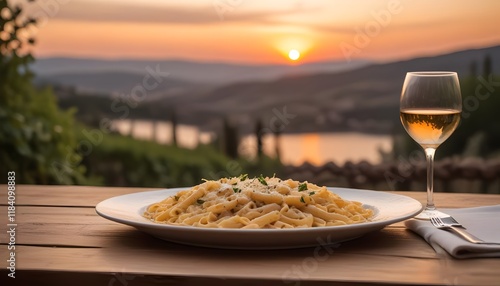 Rustic table mockup with glass of wine and cheesy pasta. Sunset bokeh background