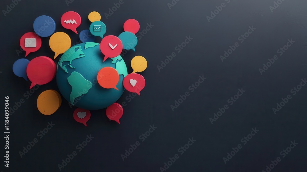 Global Communication Colorful Speech Bubbles Surrounding a 3D Earth Social Media Concept Global Communication Colorful Speech Bubbles Surrounding a 3D Earth Social Media Concept
