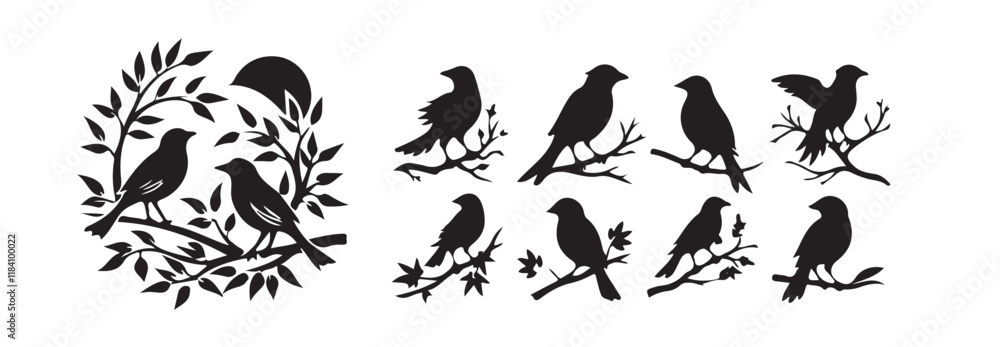 silhouettes of birds in black color.bird silhouette vector illustration,Diverse positions, flying, perching silhouettes of birds in black color.bird silhouette vector illustration,Diverse positions, flying, perching