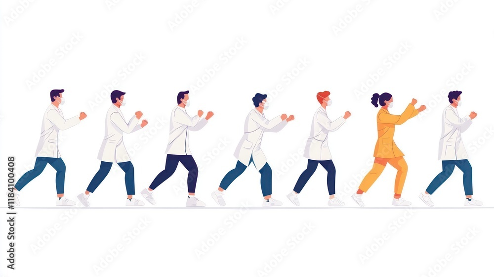 Masked medical team walking, white background, healthcare banner Masked medical team walking, white background, healthcare banner