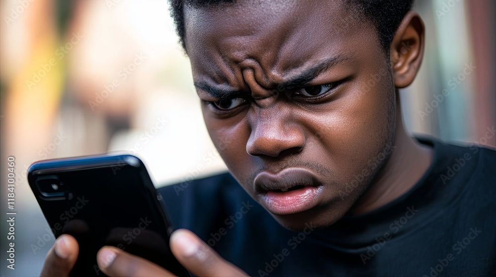 Frustrated Individual Intently Focused on Smartphone with Furrowed Brow and Tense Expression. Emphasizing the Strain of Digital Interaction. Frustrated Individual Intently Focused on Smartphone with Furrowed Brow and Tense Expression. Emphasizing the Strain of Digital Interaction.