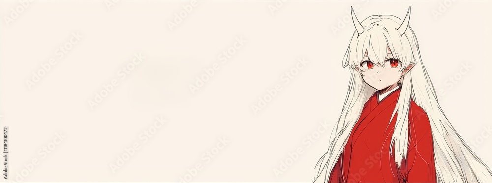 Fototapeta premium Anime Girl with White Hair and Red Kimono Devil Horns Digital Art Illustration