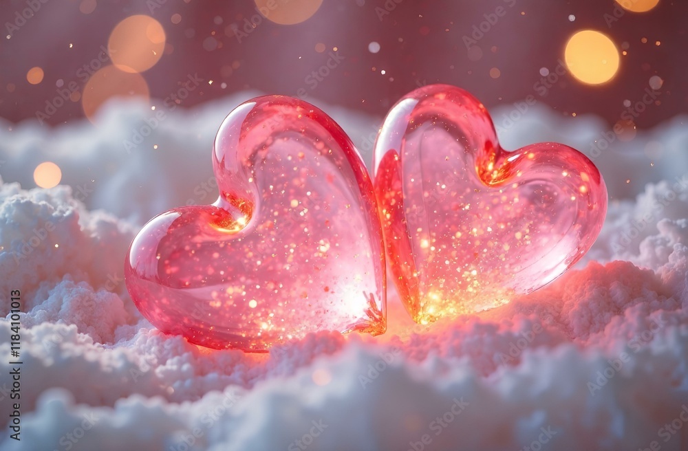 Obraz premium Transparent light coral red hearts on a light shiny background