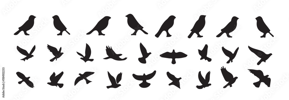 silhouettes of birds in black color.bird silhouette vector illustration,Diverse positions, flying, perching silhouettes of birds in black color.bird silhouette vector illustration,Diverse positions, flying, perching