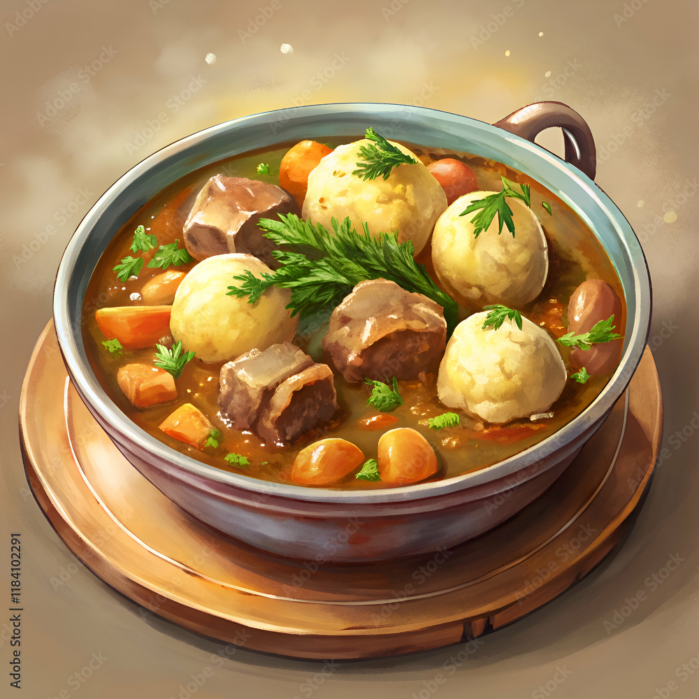A hearty bowl of stew with dumplings. carrots. and herbs. A hearty bowl of stew with dumplings. carrots. and herbs.