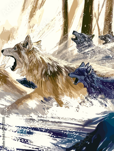 Wolf pack running through snowy forest at sunrise.