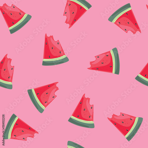 Seamless pattern with watermelons on pink background. Vector illustration.