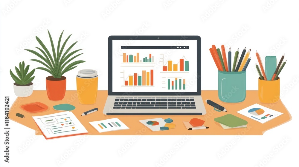 Data analysis laptop desk workspace charts Data analysis laptop desk workspace charts