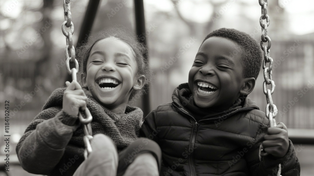 Laughing children enjoying a playful moment on swings in a park during a sunny day Laughing children enjoying a playful moment on swings in a park during a sunny day