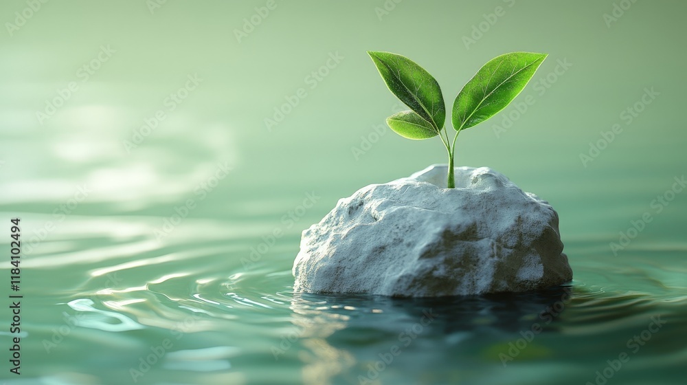 A young seedling growing on a smooth rock with rippling water in the background, symbolizing growth and life.