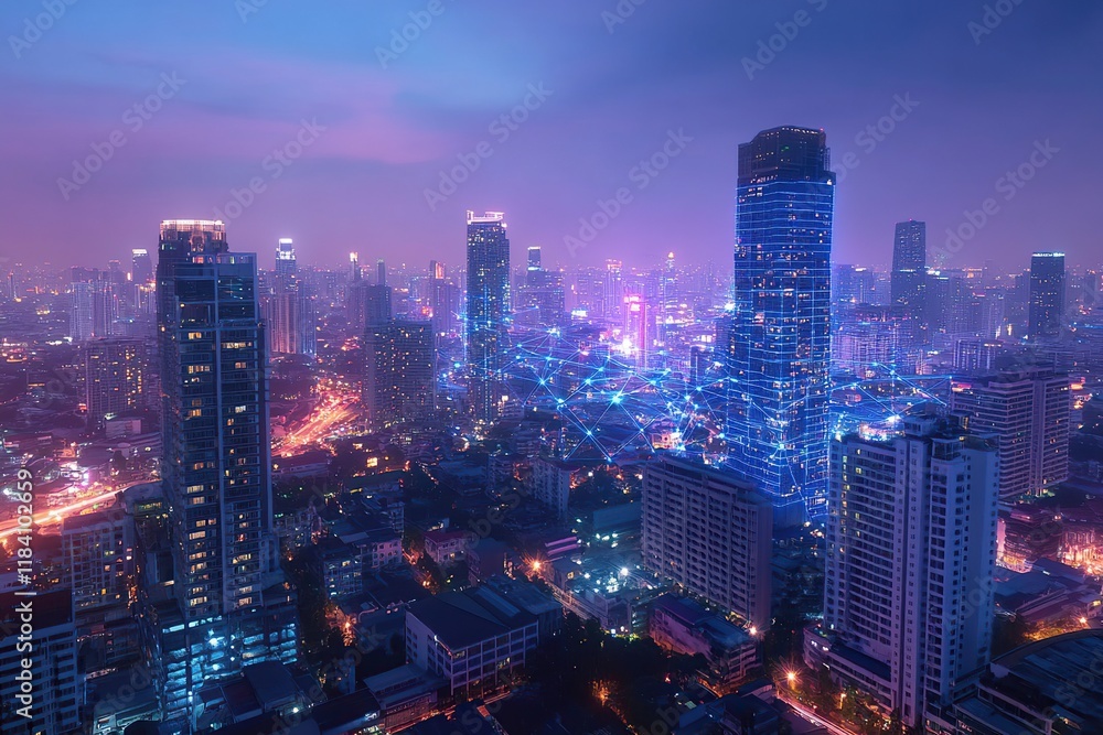 Fototapeta premium Night Cityscape: Illuminated Towers & Smart Network Connectivity at Dusk