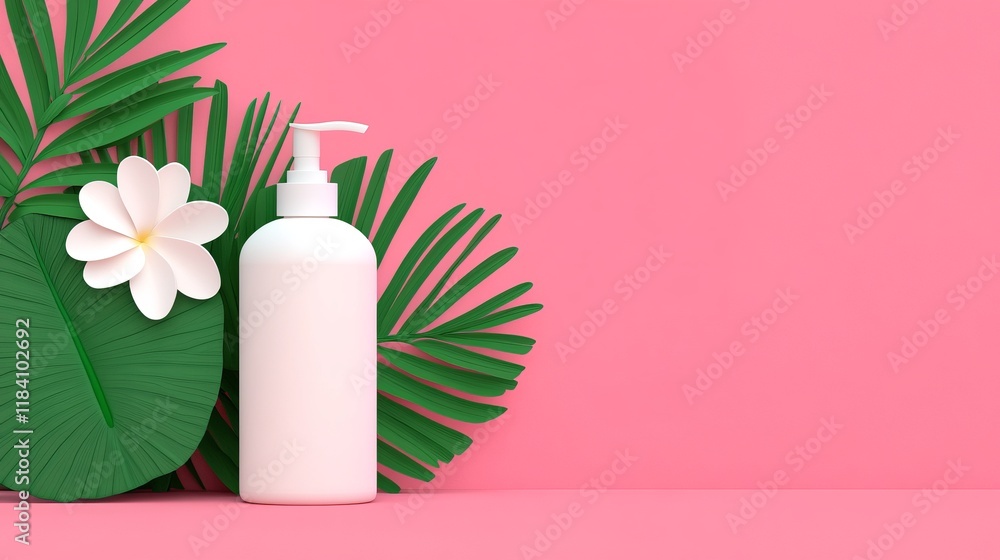 A minimalist scene featuring a white pump bottle beside a green leaf and a white flower against a vibrant pink background. A minimalist scene featuring a white pump bottle beside a green leaf and a white flower against a vibrant pink background.