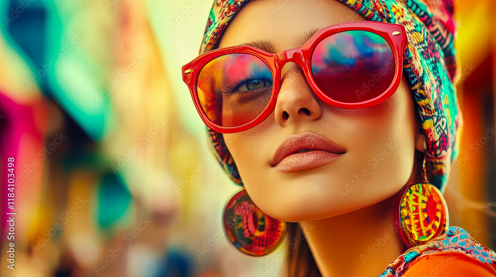 A fashion-forward individual poses confidently in vibrant attire, featuring patterned clothing and distinctive sunglasses, against an eye-catching street art canvas. A fashion-forward individual poses confidently in vibrant attire, featuring patterned clothing and distinctive sunglasses, against an eye-catching street art canvas.