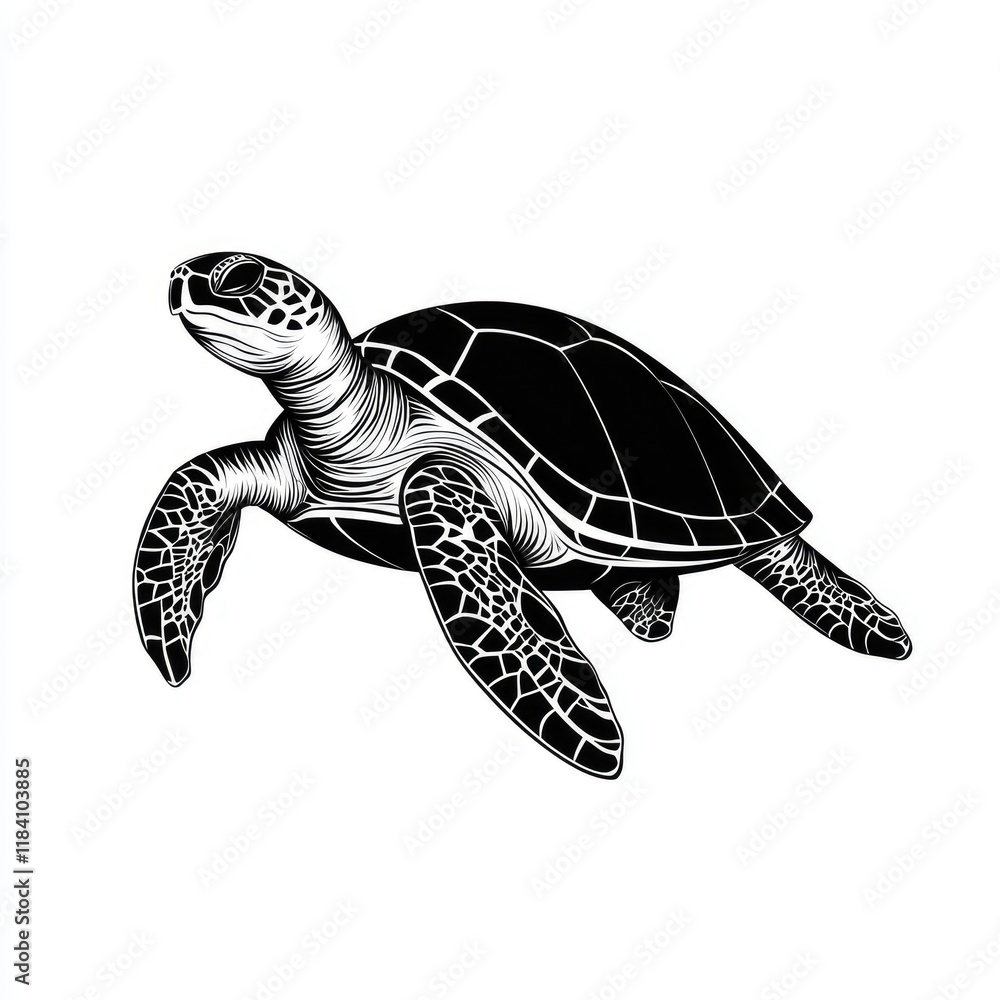 Obraz premium Majestic Sea Turtle: Black and White Wildlife Illustration. A stunning vector graphic of a sea turtle, perfect for nature lovers and conservationists. 
