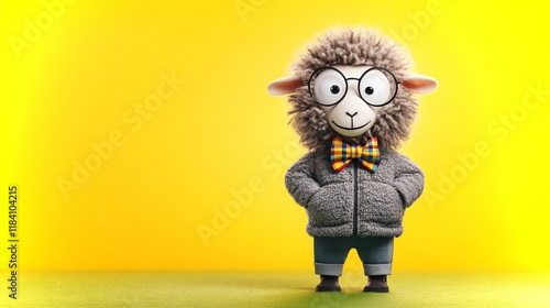 Cheerful sheep in a cozy gray jacket poses happily against a bright yellow background photo