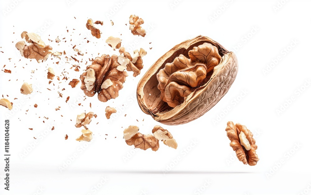 Obraz premium A walnut cracked open mid-air, with the shell and kernel flying dynamically on white