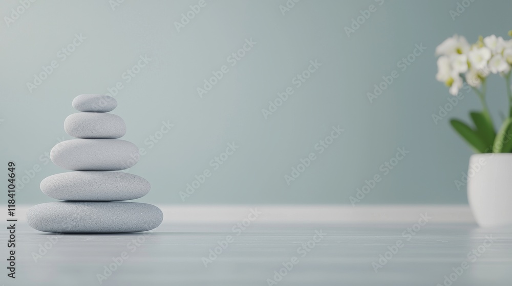 Obraz premium Zen stones and orchid in a minimalist spa setting, evoking tranquility, balance, and mindfulness.