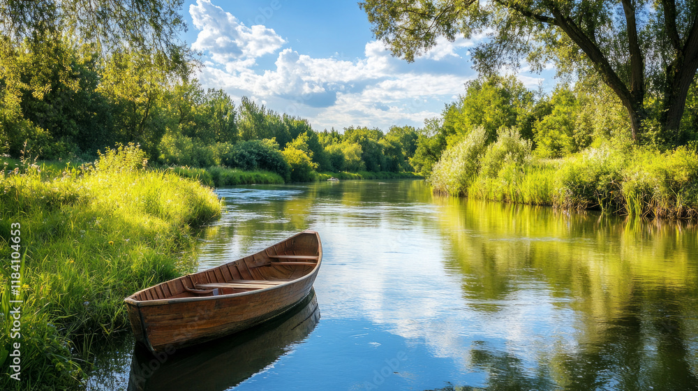 Calm waters reflect a wooden fishing boat along a serene river surrounded by lush greenery in bright daylight Calm waters reflect a wooden fishing boat along a serene river surrounded by lush greenery in bright daylight