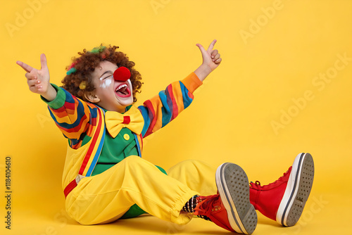 Funny kid clown playing against yellow background