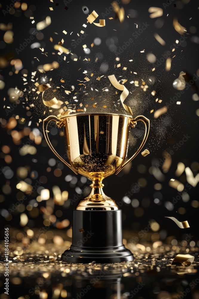 A golden trophy surrounded by shimmering confetti celebrating achievement in a joyful atmosphere A golden trophy surrounded by shimmering confetti celebrating achievement in a joyful atmosphere