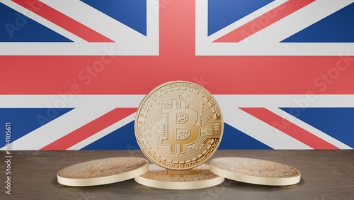 Golden bitcoin coin in front of the United Kingdom flag, symbolizing cryptocurrency and digital finance, representing blockchain innovation and financial technology in a patriotic context photo