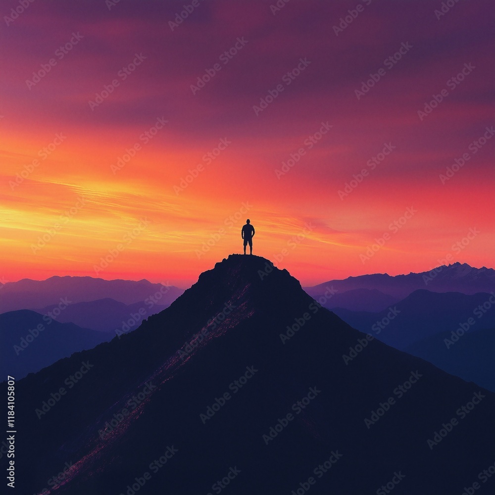 Silhouette of Person on Mountain Peak at Sunset Symbolizing Self Development and Achievement Silhouette of Person on Mountain Peak at Sunset Symbolizing Self Development and Achievement