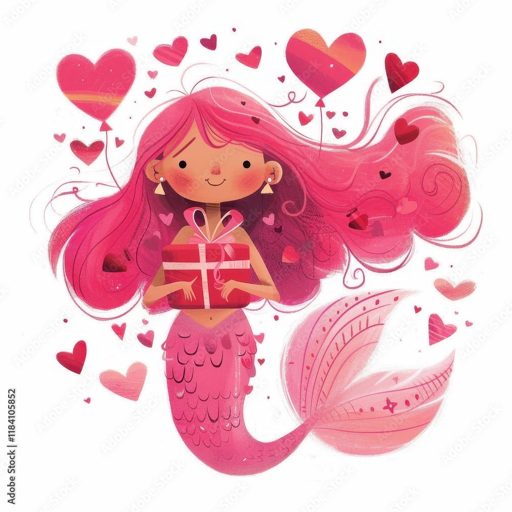 Adorable Pink Mermaid Holding Gift Valentine s Day Illustration Hearts Background Adorable Pink Mermaid Holding Gift Valentine s Day Illustration Hearts Background