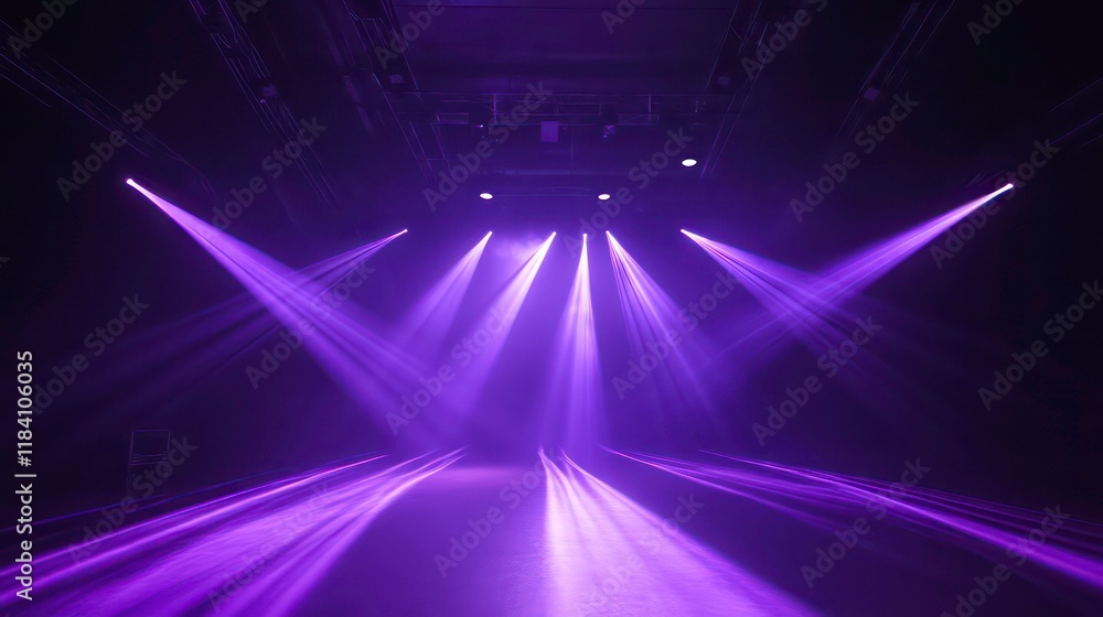 Obraz premium Purple stage lights illuminating a dark empty space.