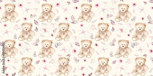 Wallpaper Mural Seamless watercolor pattern with teddy bear, envelopes and flowers. The illustration is hand drawn. The drawing is suitable for decorating children's rooms, gifts, holidays. Torontodigital.ca