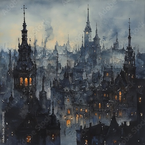 In an Eastern European city at night, gray Soviet blocks stand alongside historical buildings and Catholic churches, resembling a watercolor painting photo