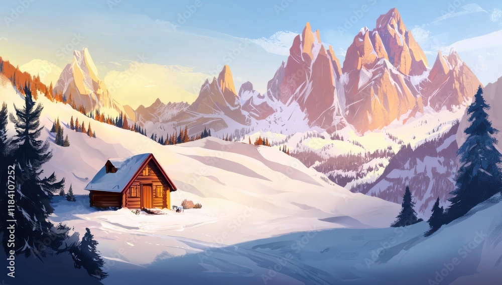 Fototapeta premium Cozy Winter Cabin Nestled in Snowy Mountain Landscape at Sunrise