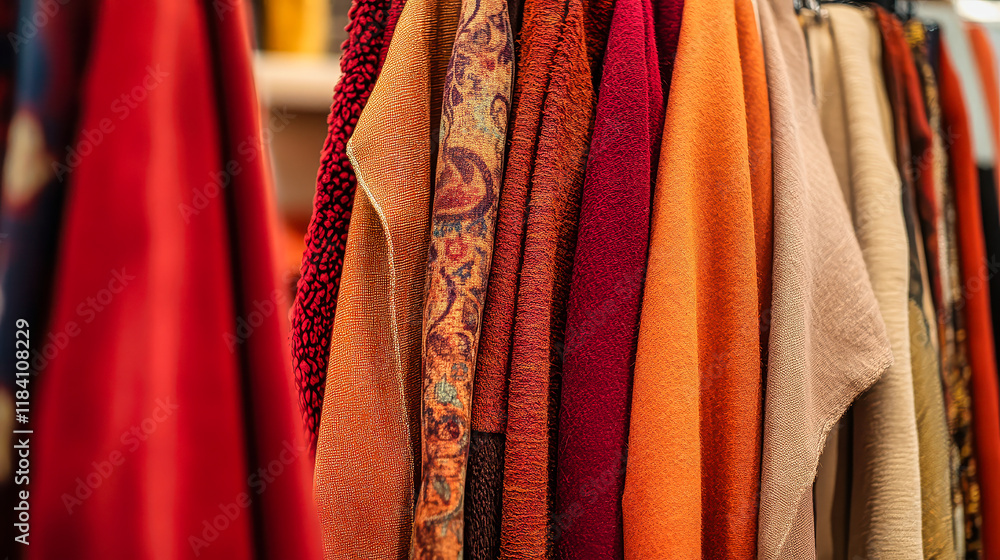 A stunning array of fabrics in warm hues of red and orange hangs together, emphasizing their rich textures and playful patterns. The interplay of light creates a captivating visual feast. A stunning array of fabrics in warm hues of red and orange hangs together, emphasizing their rich textures and playful patterns. The interplay of light creates a captivating visual feast.