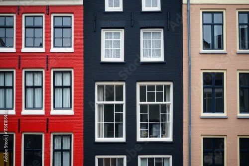 Three buildings with different colored bricks and windows