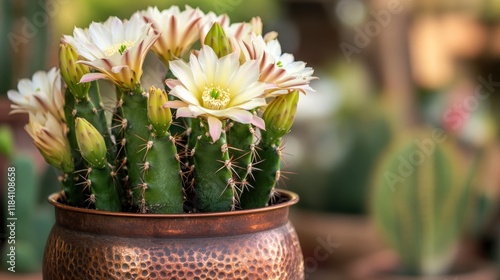 Botanical art easter lily cactus in vintage copper pot - indoor close-up photography photo