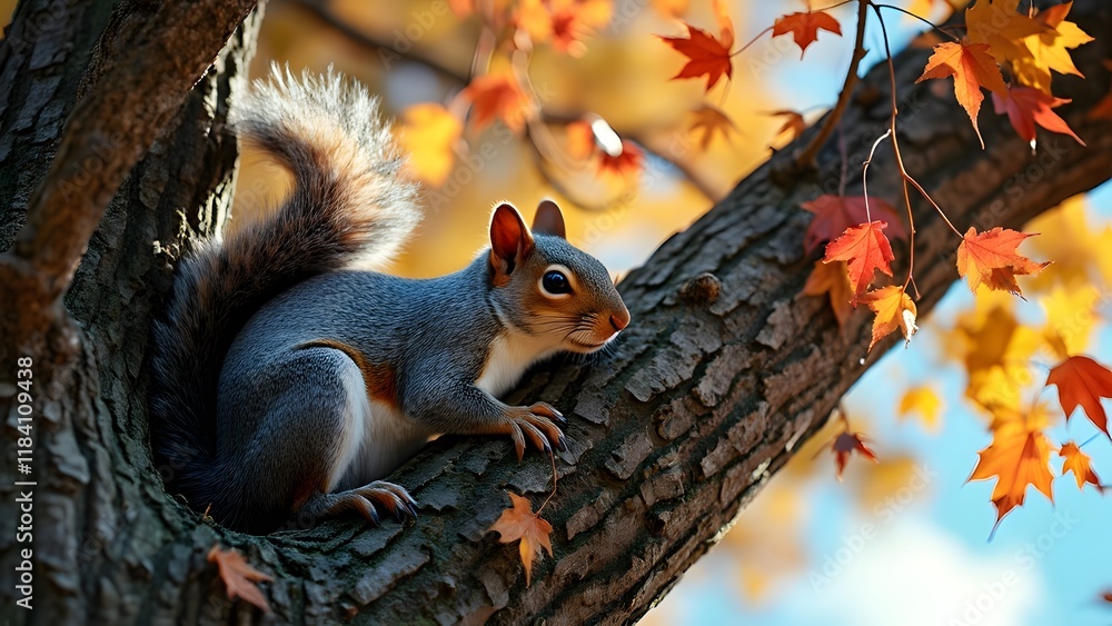 Majestic Grey Squirrel in Autumnal Oak Tree, Vibrant Fall Foliage, Blue Sky, Lush Green Branches Majestic Grey Squirrel in Autumnal Oak Tree, Vibrant Fall Foliage, Blue Sky, Lush Green Branches