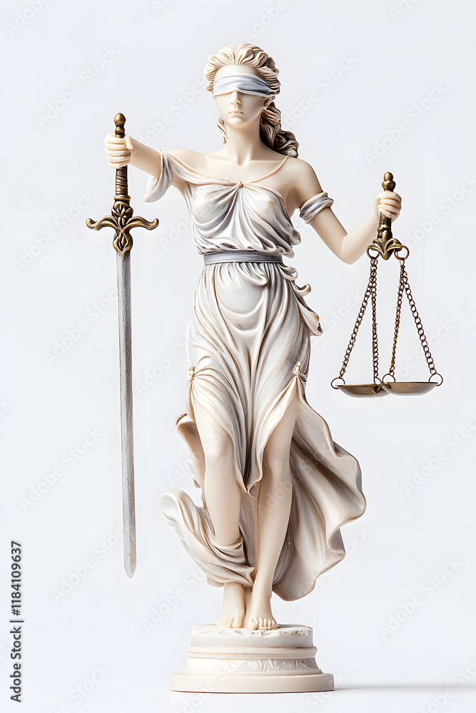 A statue of Lady Justice holding scales and a sword isolated on white
