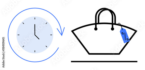 Clock with arrow circling left and shopping bag with price tag on handle. Ideal for time management, retail sales, shopping periods, sales strategies, consumer behavior, scheduling, merchandise